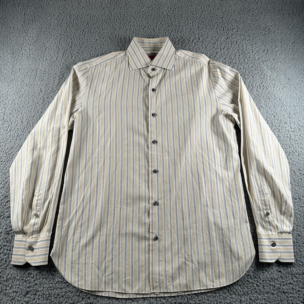Isaia Shirt Mens 15.5 Beige 100%‎ Cotton Striped Dress Spread Collar Made Italy